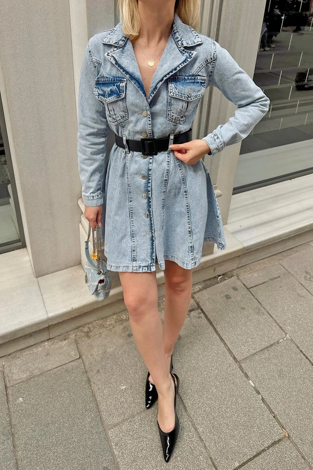 Gri Kemer Detaylı Gömlek Yaka Kadın Denim Gömlek Mini Elbise
