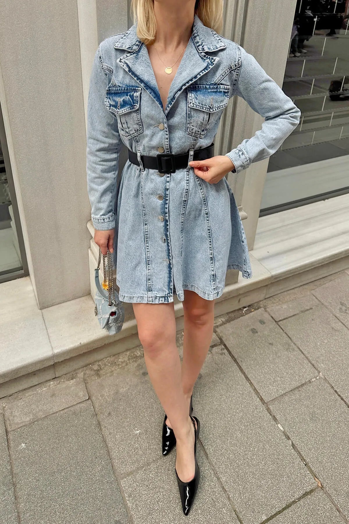Gri Kemer Detaylı Gömlek Yaka Kadın Denim Gömlek Mini Elbise