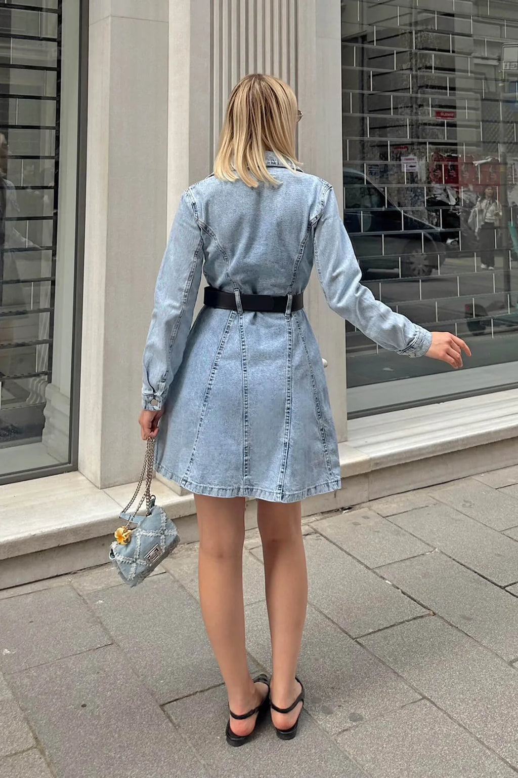 Gri Kemer Detaylı Gömlek Yaka Kadın Denim Gömlek Mini Elbise