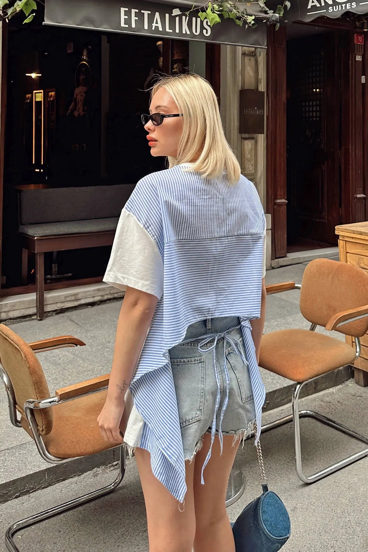 Beyaz Sırt Gömlek Garnili Bağlamalı Bisiklet Yaka Kadın Tshirt