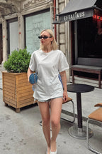 Beyaz Sırt Gömlek Garnili Bağlamalı Bisiklet Yaka Kadın Tshirt
