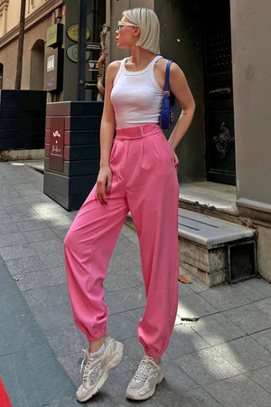 Pembe Glos Cırtlı Kapamalı Paça Lastikli Kadın Pantolon