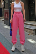 Pembe Glos Cırtlı Kapamalı Paça Lastikli Kadın Pantolon