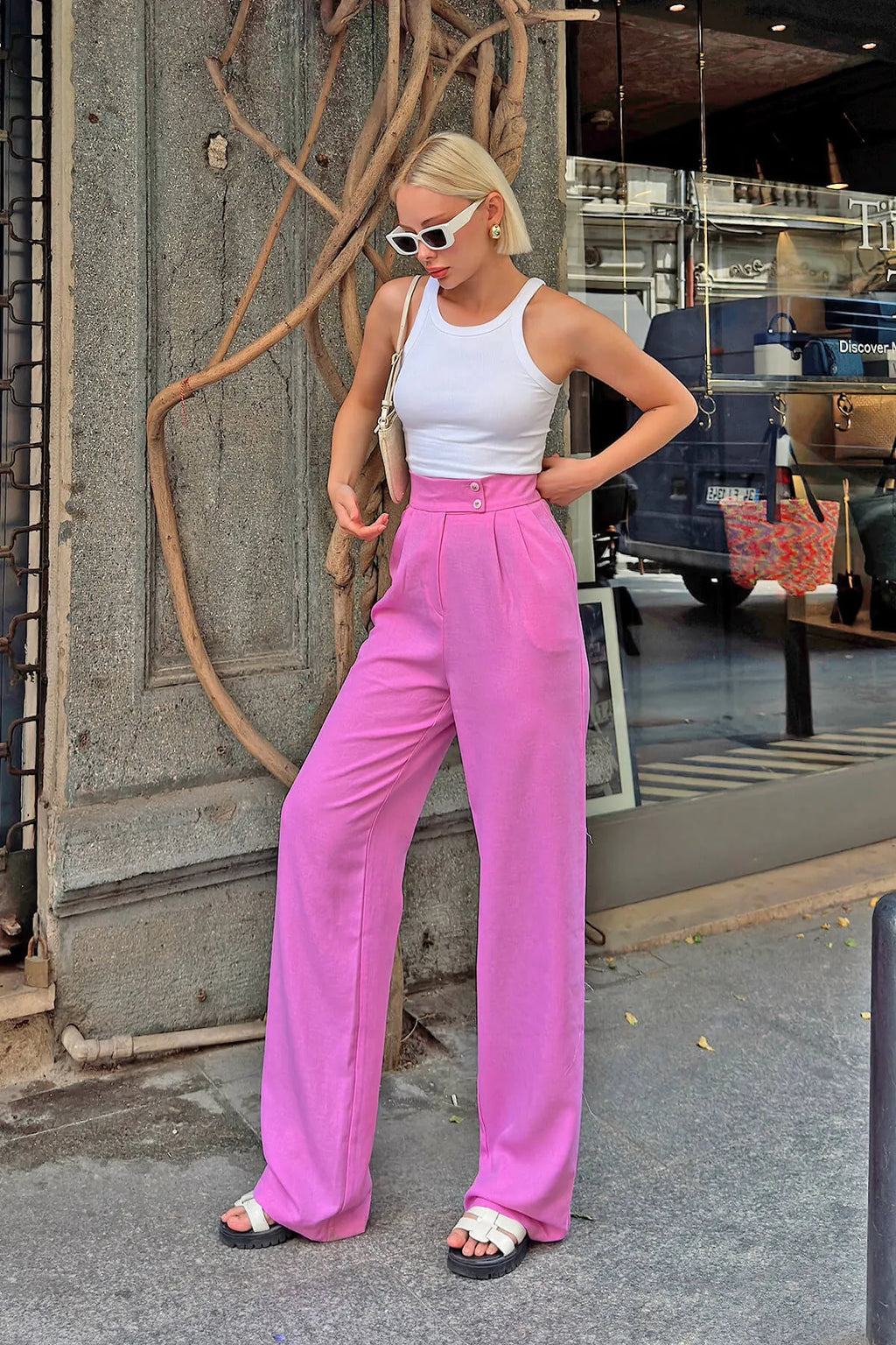 Pembe Çift Düğmeli Pileli Kadın Palazzo Keten Pantolon