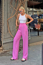 Pembe Çift Düğmeli Pileli Kadın Palazzo Keten Pantolon