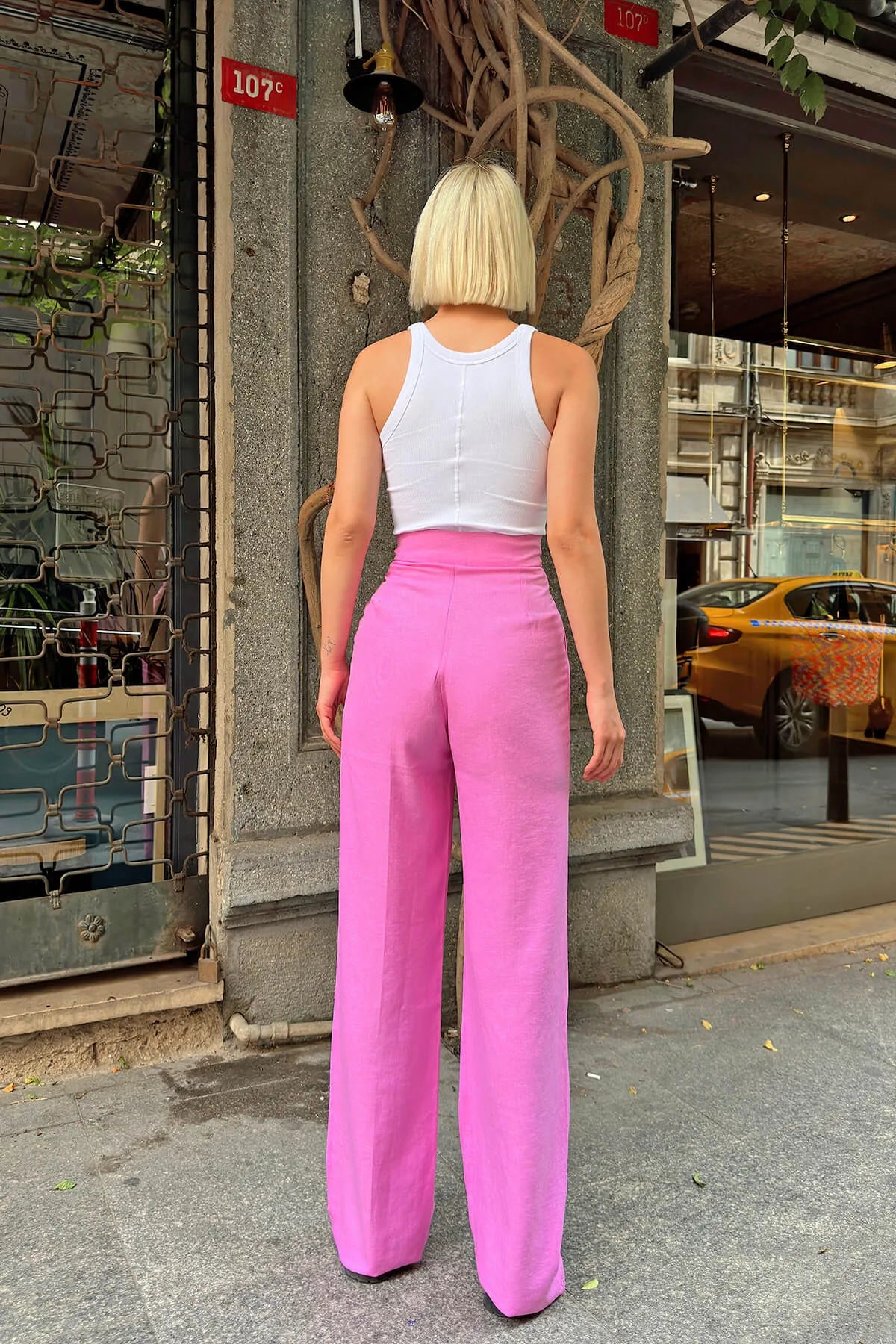 Pembe Çift Düğmeli Pileli Kadın Palazzo Keten Pantolon