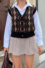 Kahverengi Gömlek Garnili Baklava Desenli Kadın Triko Süveter