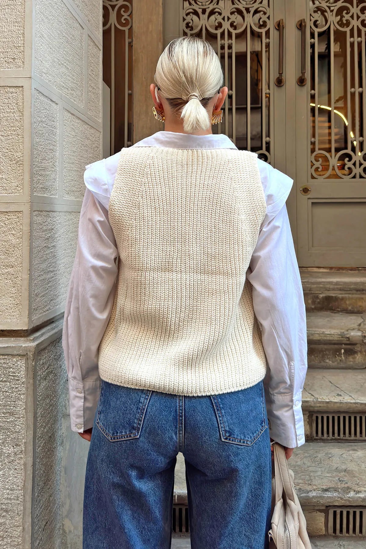Bej 3 Düğmeli Selanik Örgü Kadın Triko Hırka