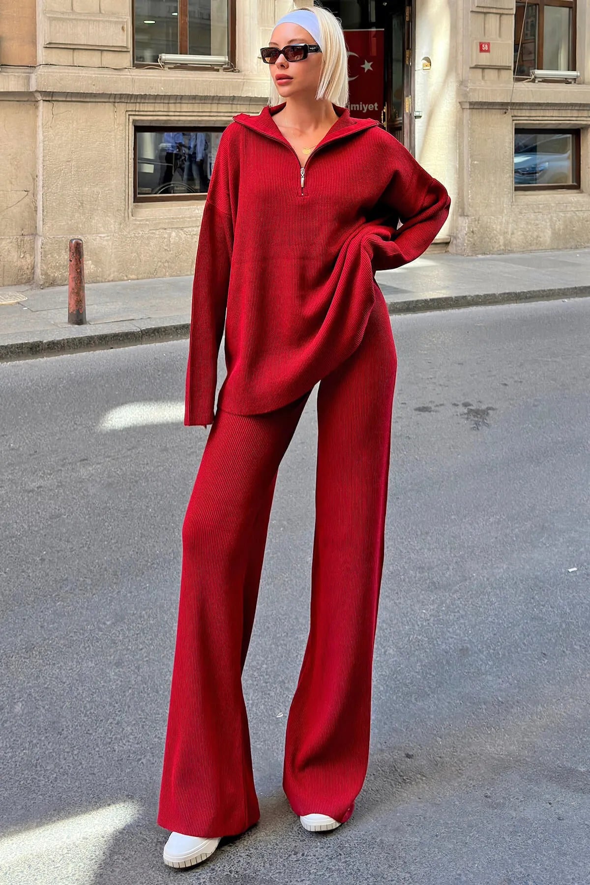 Kırmızı Yarım Fermuarlı Oversize Kazak Pantolon Kadın Triko Alt-Üst Takım