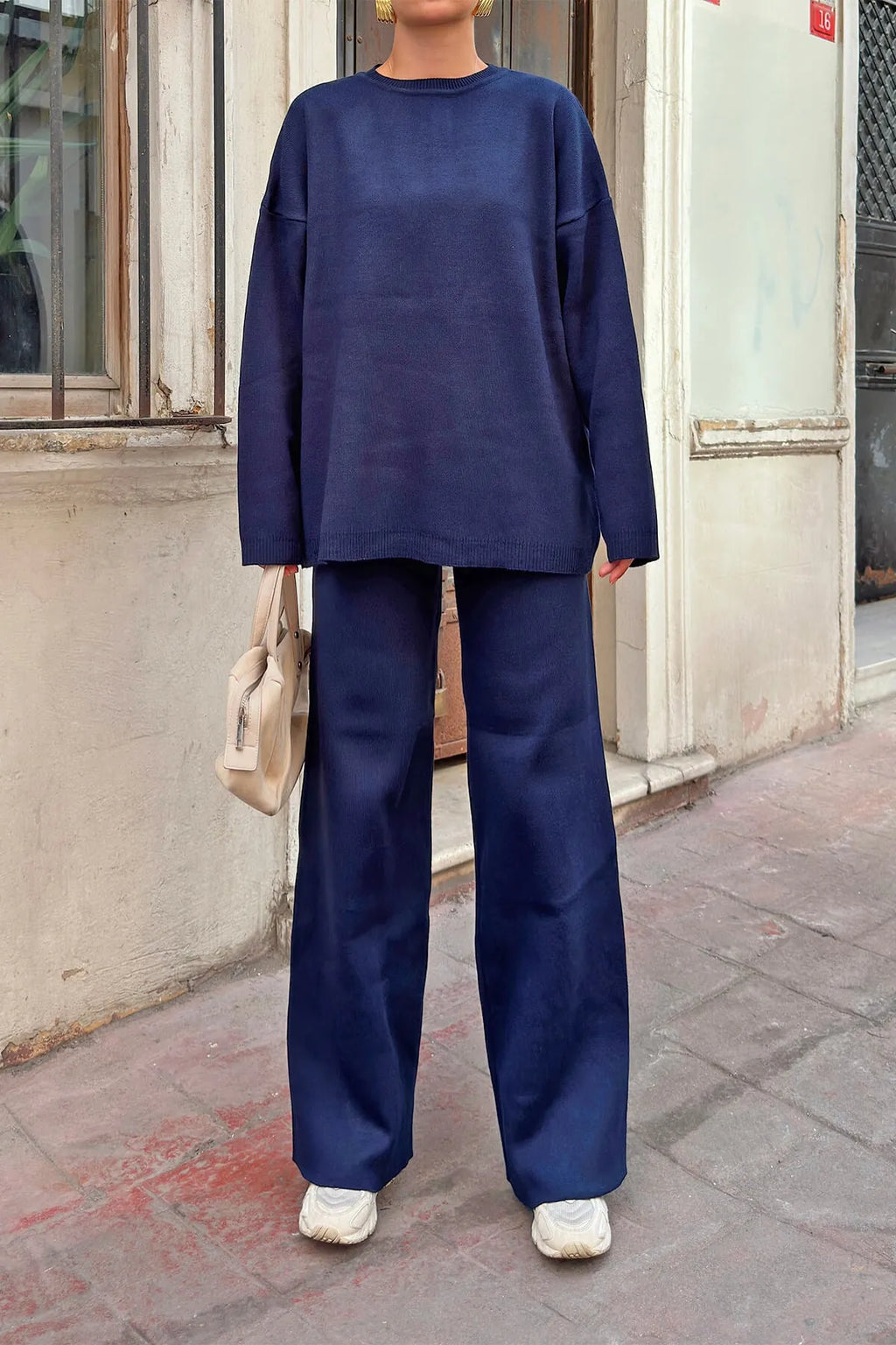 Lacivert Bisiklet Yaka Oversize Kazak-Pantolon Örgü Kadın Alt-Üst Takım