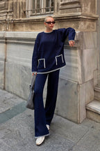 Lacivert Çoban Dikiş Çift Cepli Oversize Kazak-Pantolon Örgü Kadın Alt-Üst Takım