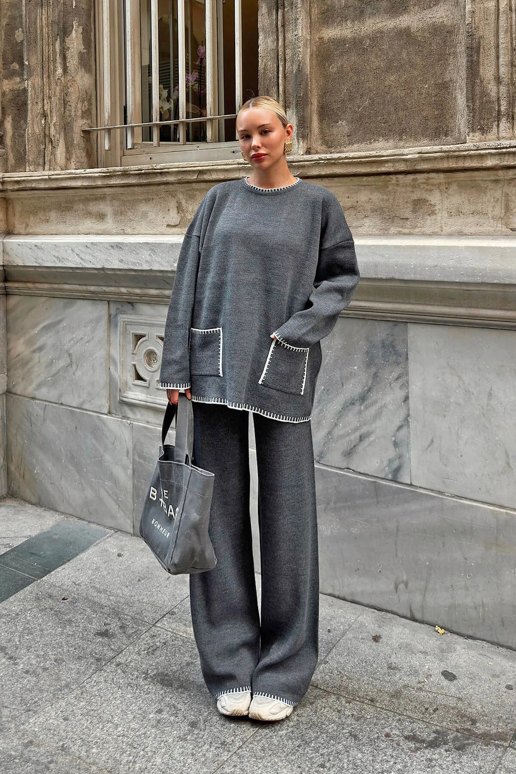 Füme Çoban Dikiş Çift Cepli Oversize Kazak-Pantolon Örgü Kadın Alt-Üst Takım