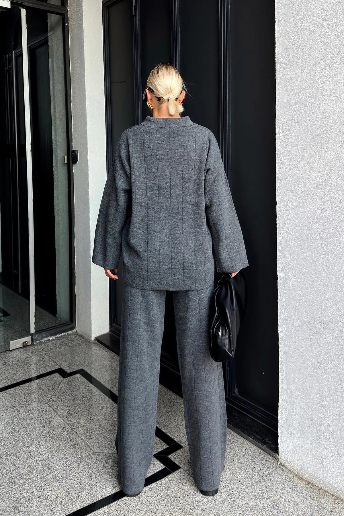 Füme Pra Polo Yaka Oversize Kazak-Pantolon Örgü Kadın Alt-Üst Takım