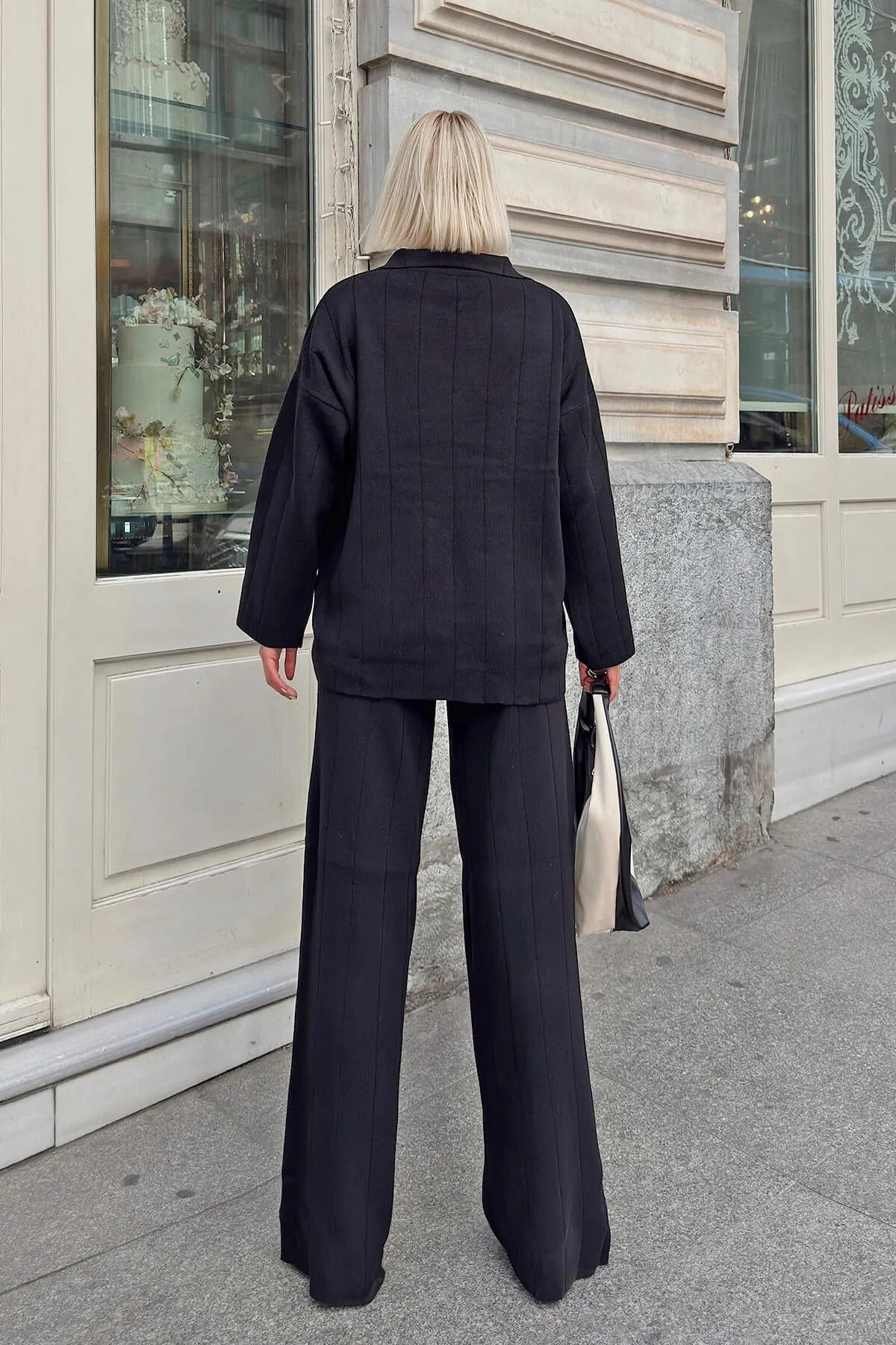 Siyah Pra Polo Yaka Oversize Kazak-Pantolon Örgü Kadın Alt-Üst Takım