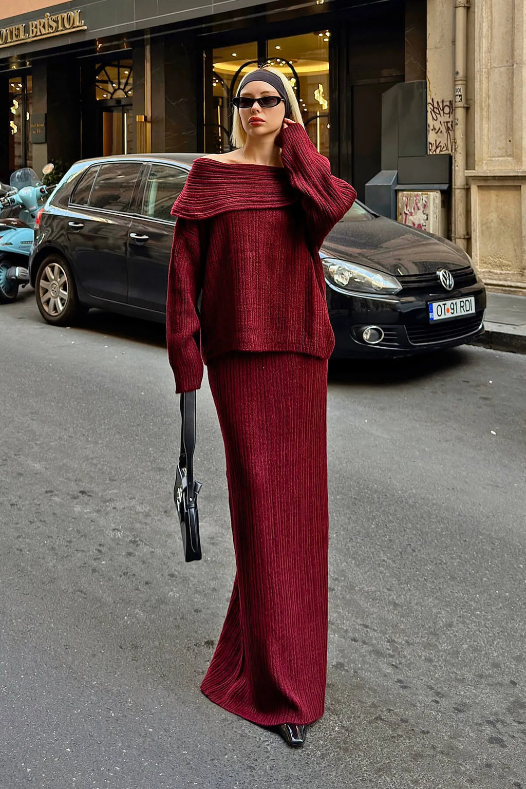Bordo Daly Madonna Yaka Kazak-Madonna Etek Detaylı Kadın Triko Alt-Üst Takım