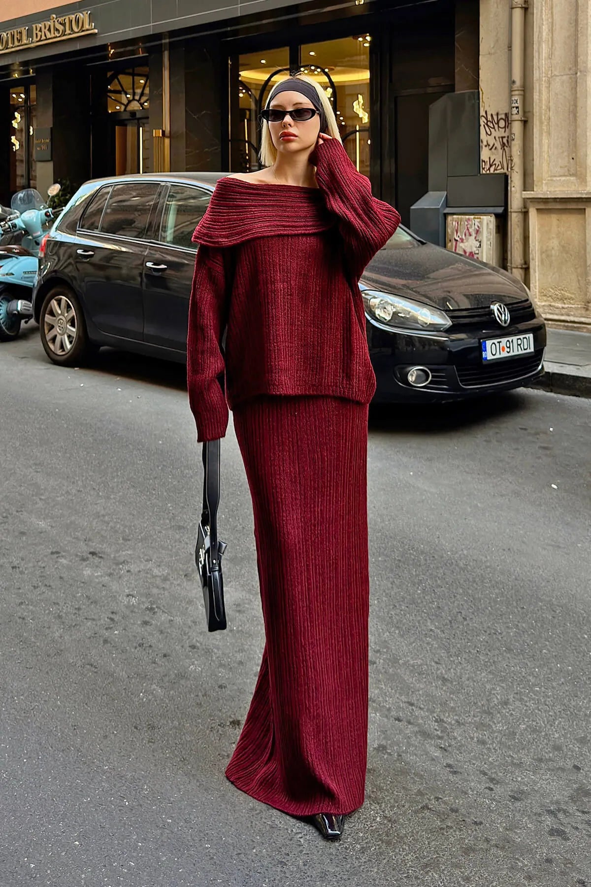 Bordo Daly Madonna Yaka Kazak-Madonna Etek Detaylı Kadın Triko Alt-Üst Takım