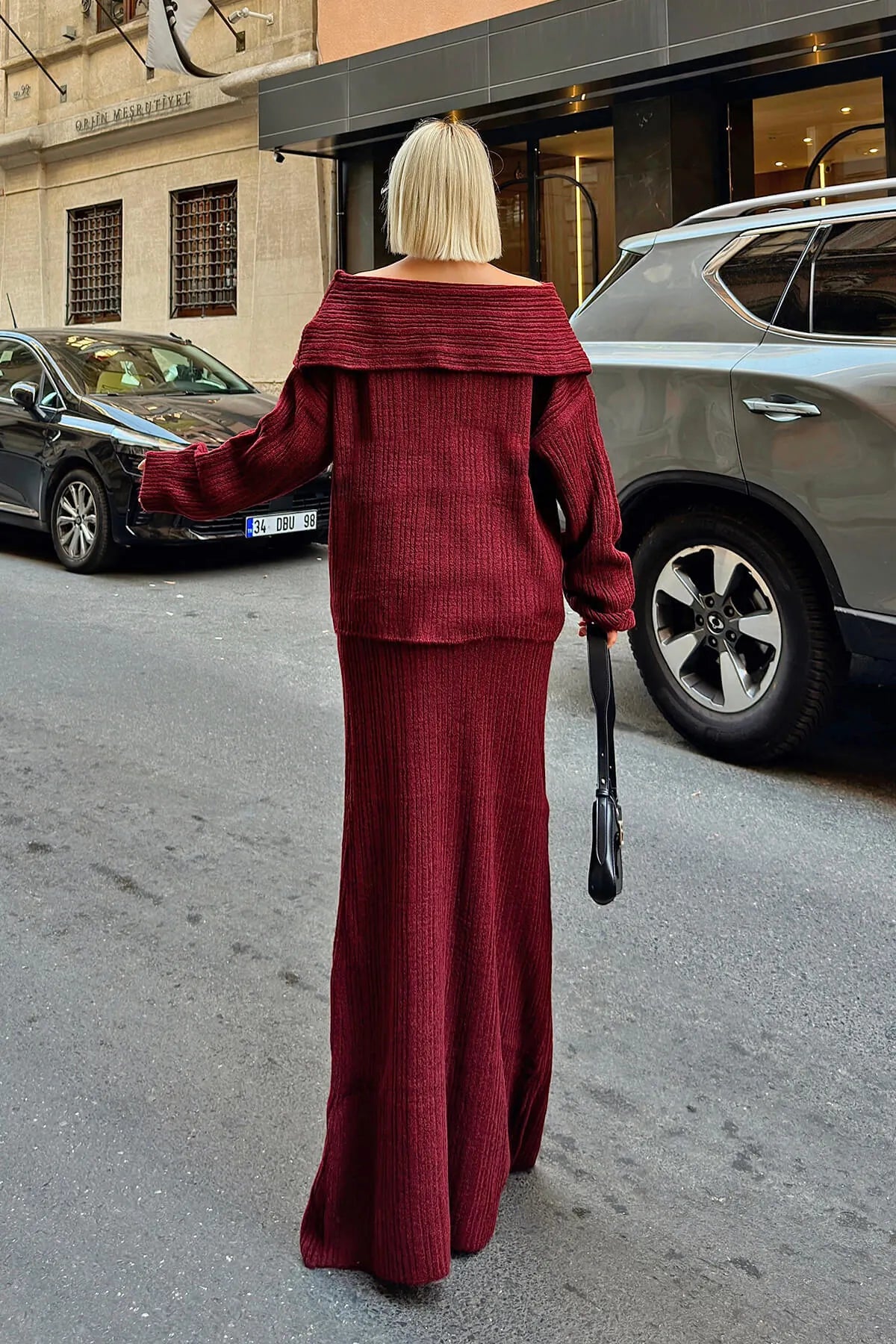Bordo Daly Madonna Yaka Kazak-Madonna Etek Detaylı Kadın Triko Alt-Üst Takım