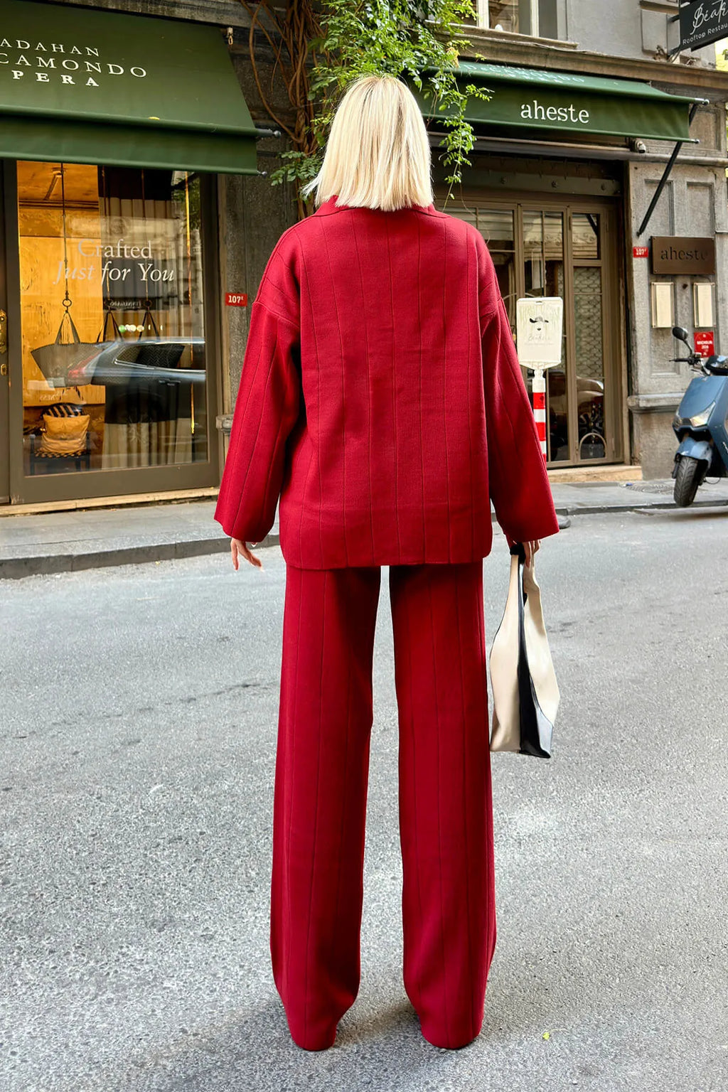 Kırmızı Pra Polo Yaka Oversize Kazak-Pantolon Örgü Kadın Alt-Üst Takım