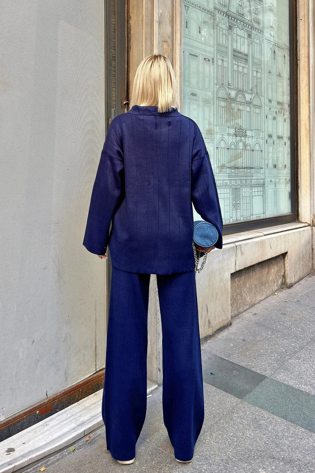 Lacivert Pra Polo Yaka Oversize Kazak-Pantolon Örgü Kadın Alt-Üst Takım