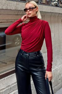 Bordo Yarım Balıkçı Omuz ve Bel Drapeli Kadın Bluz Crop