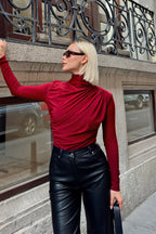 Bordo Yarım Balıkçı Omuz ve Bel Drapeli Kadın Bluz Crop
