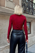 Bordo Yarım Balıkçı Omuz ve Bel Drapeli Kadın Bluz Crop