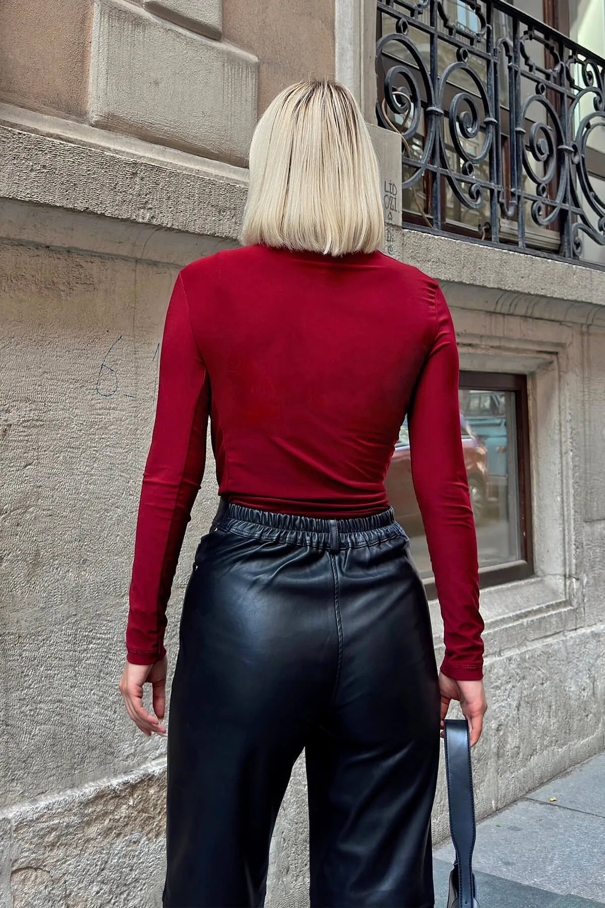 Bordo Yarım Balıkçı Omuz ve Bel Drapeli Kadın Bluz Crop