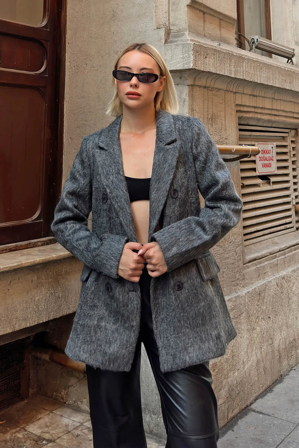 Füme Kruvaze Düğme Kapama Sakallı Kadın Blazer Ceket