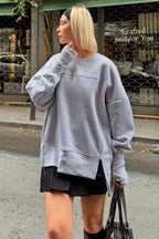 Gri Dikiş Detaylı Yırtmaçlı İçi Pamuklu Parmak Geçmeli Kadın Sweatshirt