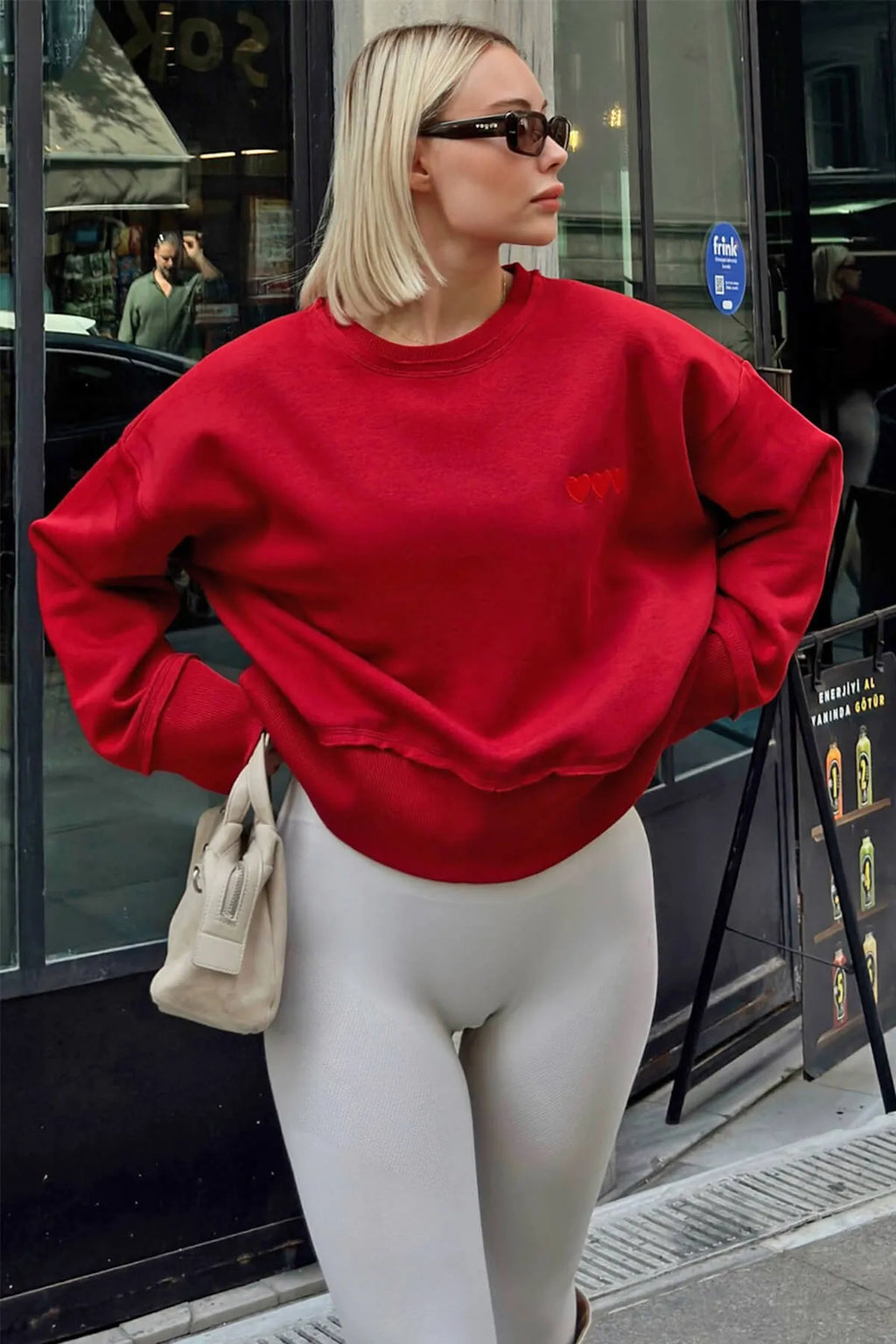 Kırmızı 3 Kalp Baskılı Piş Dikiş Kadın Crop Sweatshirt