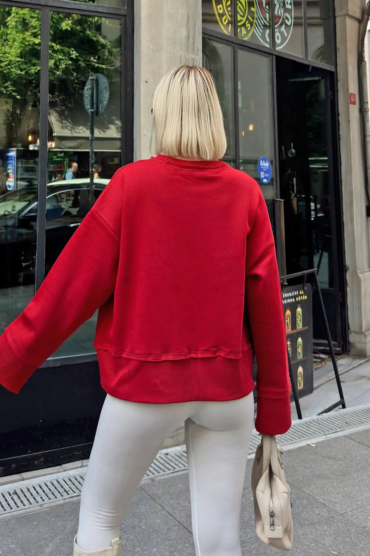 Kırmızı 3 Kalp Baskılı Piş Dikiş Kadın Crop Sweatshirt