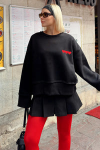 Siyah 3 Kalp Baskılı Piş Dikiş Kadın Crop Sweatshirt