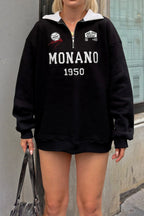 Siyah Monano Polo Yaka Nakışlı İçi Pamuklu Kadın Sweatshirt