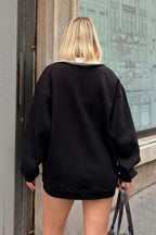 Siyah Monano Polo Yaka Nakışlı İçi Pamuklu Kadın Sweatshirt
