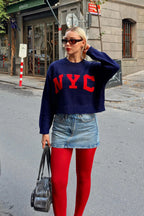 Lacivert Nyc Desenli Yırtık Detay Kadın Crop Triko Kazak