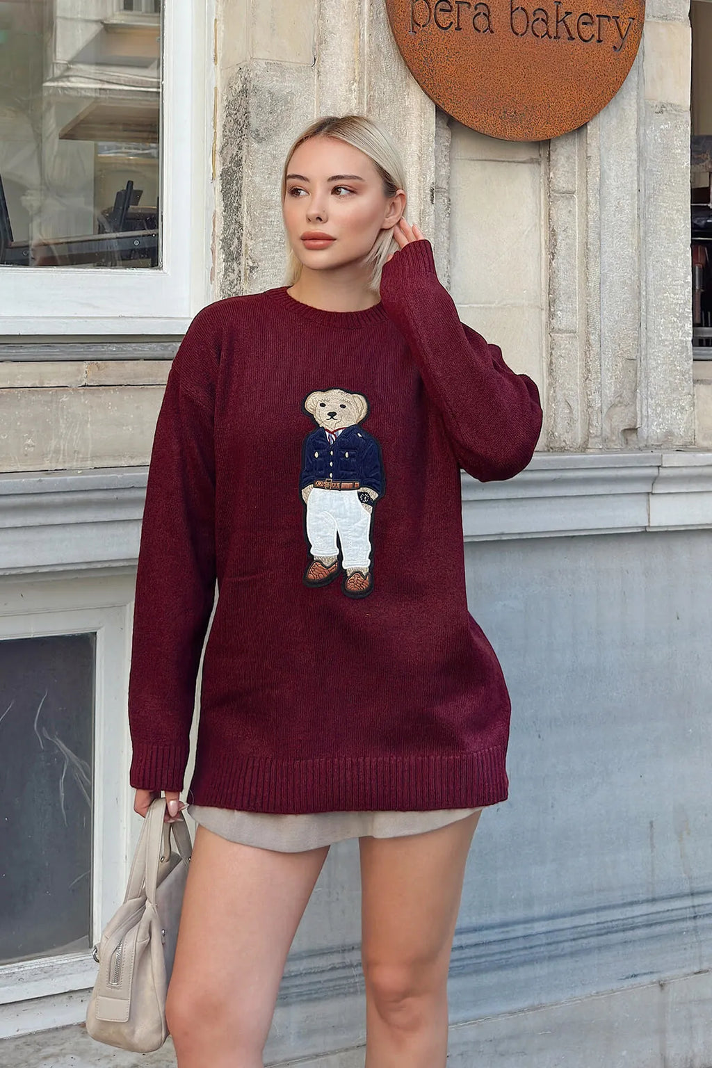 Bordo Süzene Bear Nakışlı Bisiklet Yaka Kadın Triko Kazak