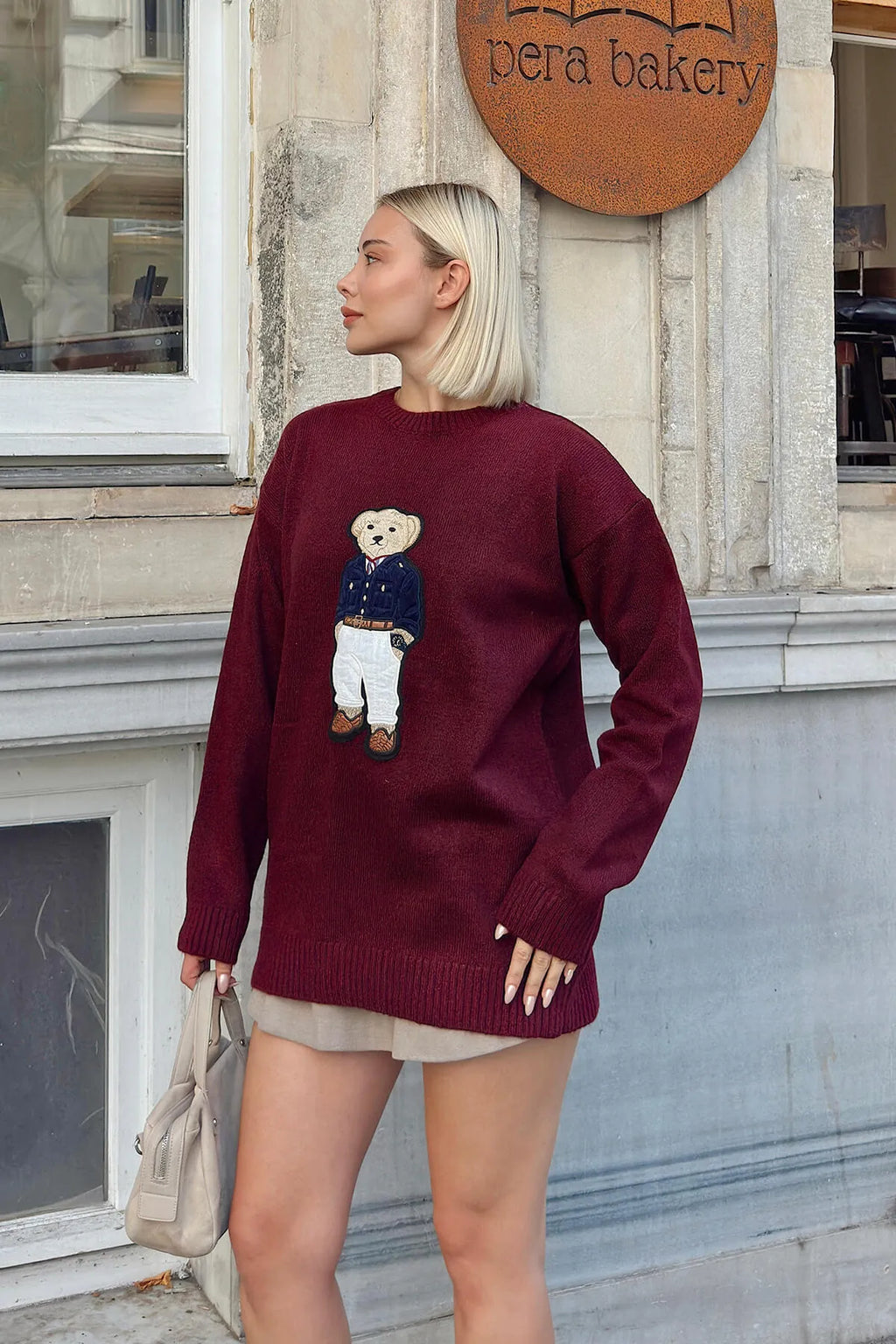 Bordo Süzene Bear Nakışlı Bisiklet Yaka Kadın Triko Kazak