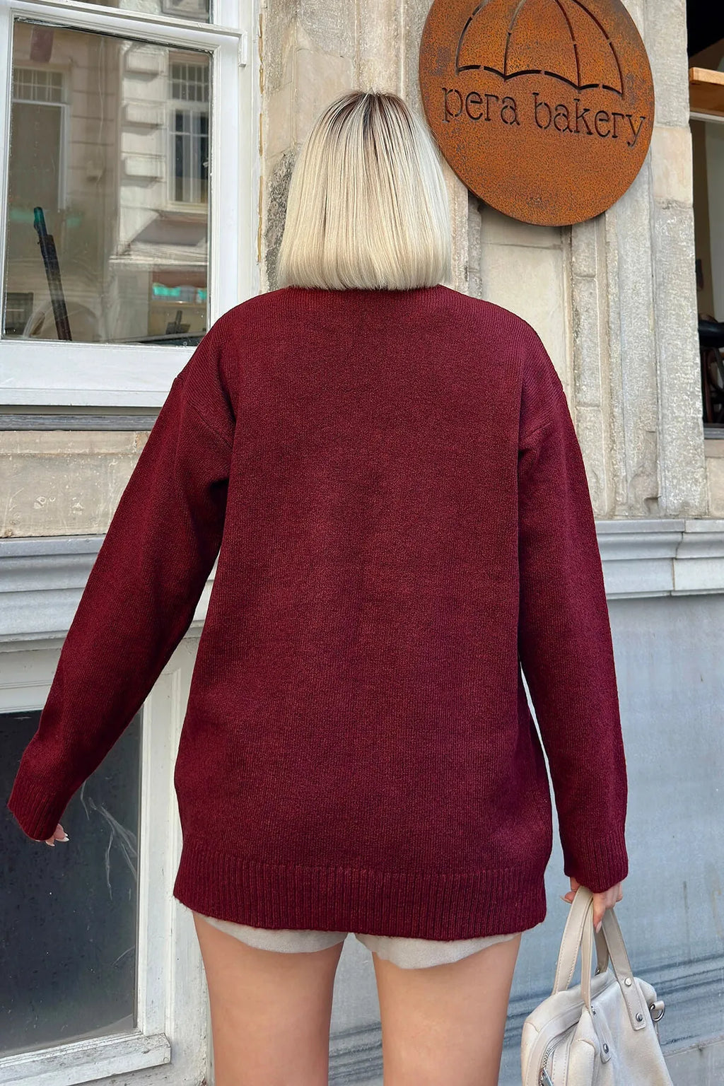 Bordo Süzene Bear Nakışlı Bisiklet Yaka Kadın Triko Kazak