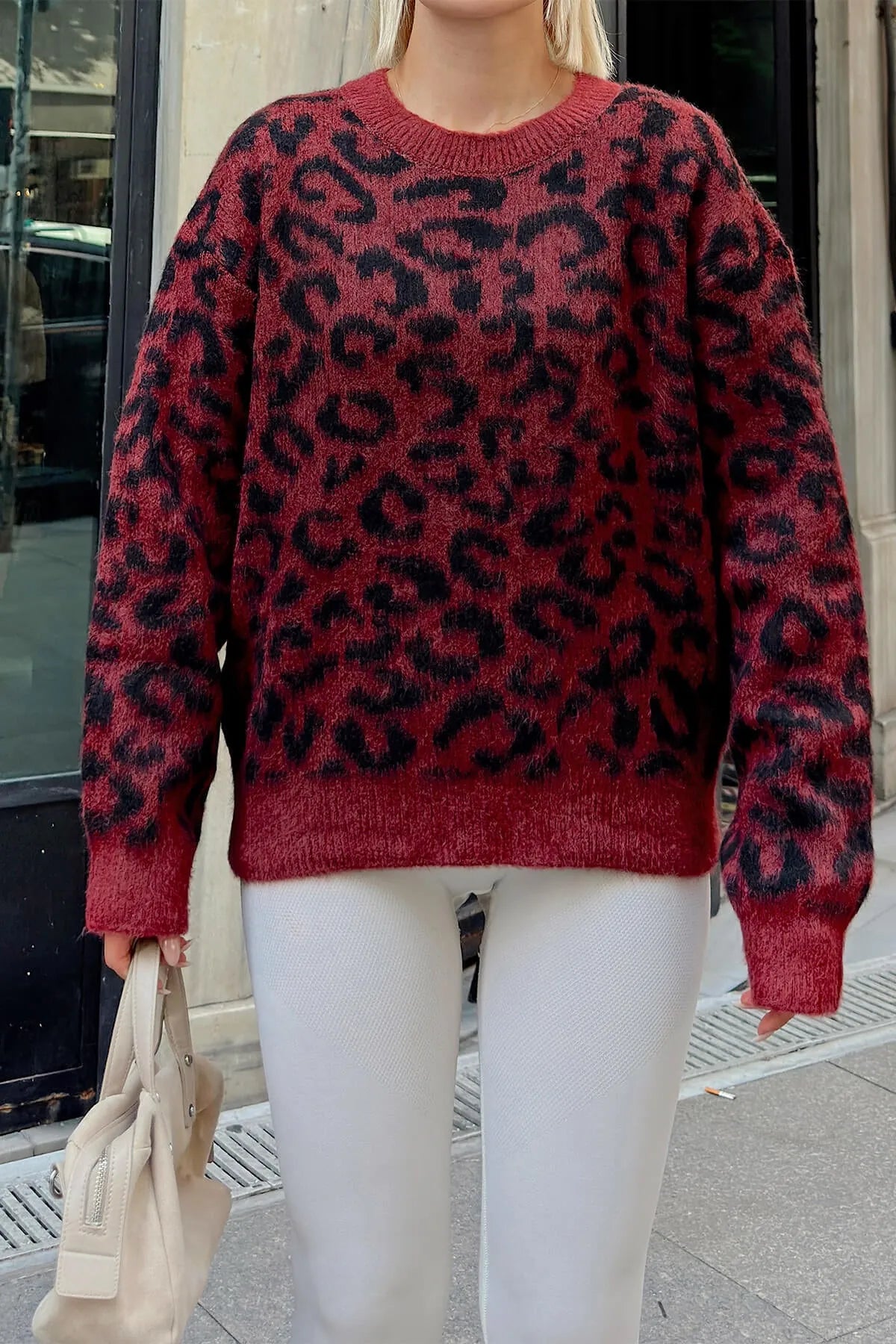 Bordo Kik Leopar Desen Bisiklet Yaka Kadın Triko Kazak