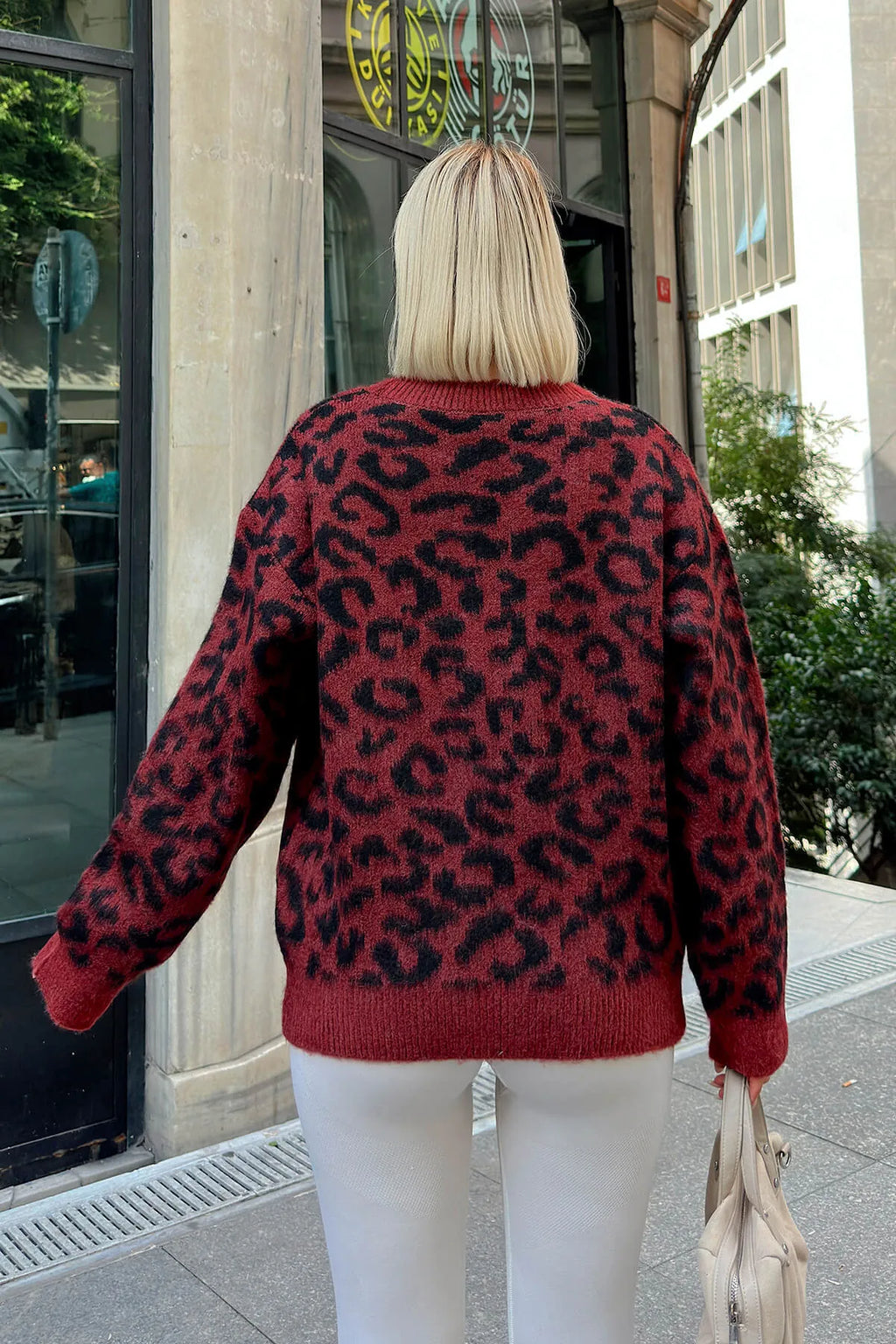Bordo Kik Leopar Desen Bisiklet Yaka Kadın Triko Kazak