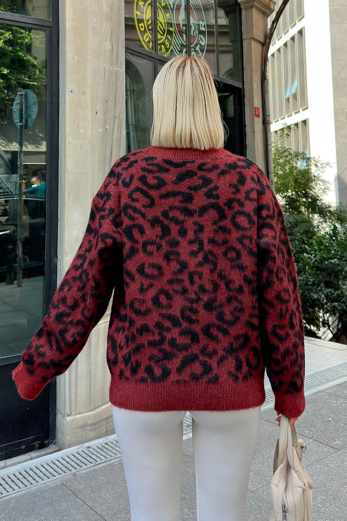 Bordo Kik Leopar Desen Bisiklet Yaka Kadın Triko Kazak