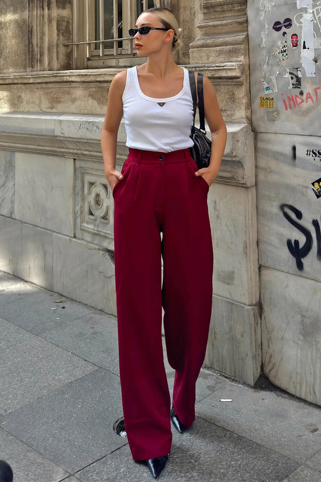 Bordo Hera Beli Lastikli Cepli Palazzo Kadın Pantolon