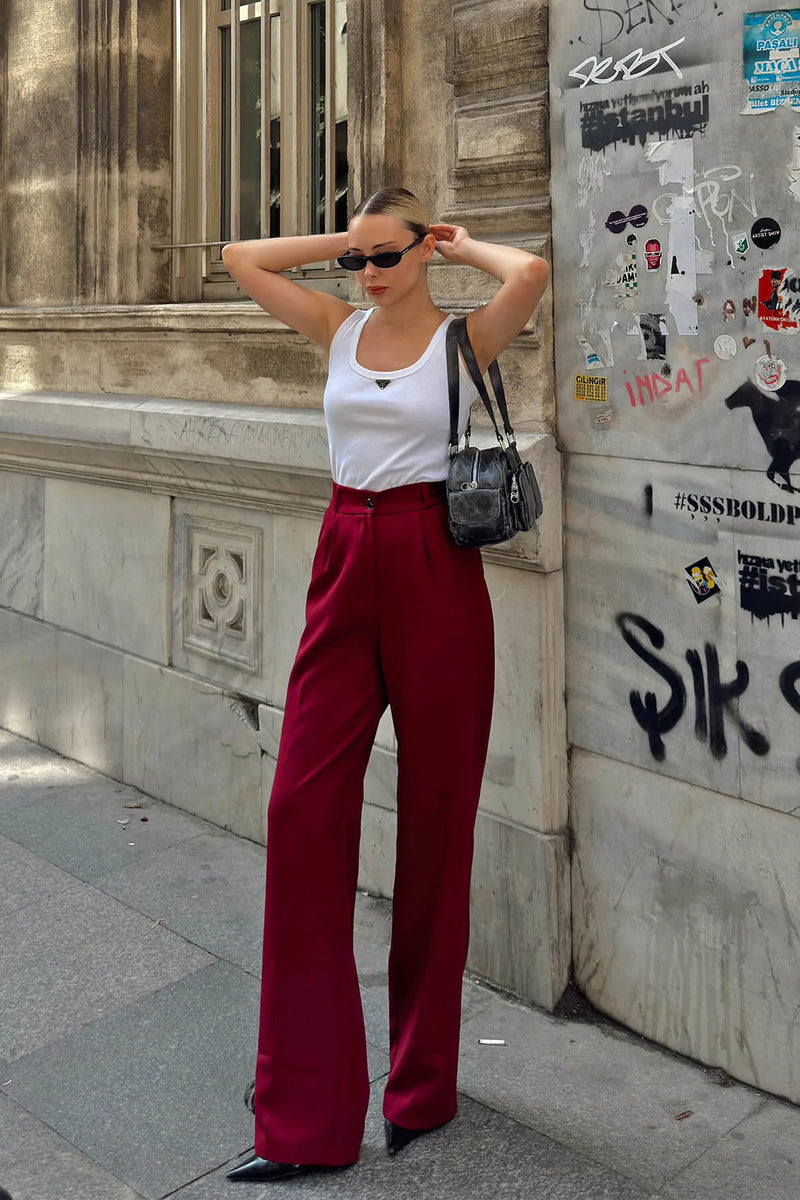 Bordo Hera Beli Lastikli Cepli Palazzo Kadın Pantolon