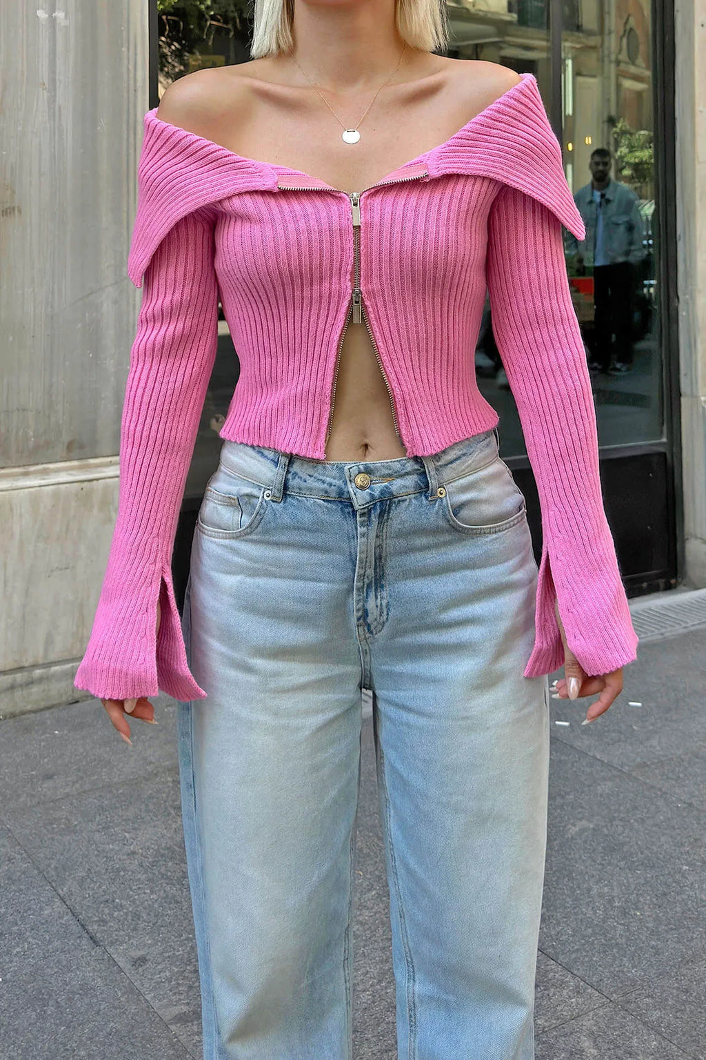 Pembe İspanyol Kol Degaje Yaka Fermurlı Örme Kadın Triko Crop Kazak