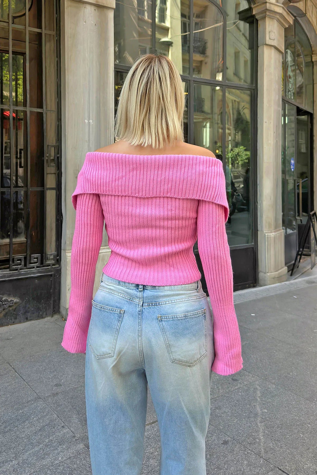 Pembe İspanyol Kol Degaje Yaka Fermurlı Örme Kadın Triko Crop Kazak