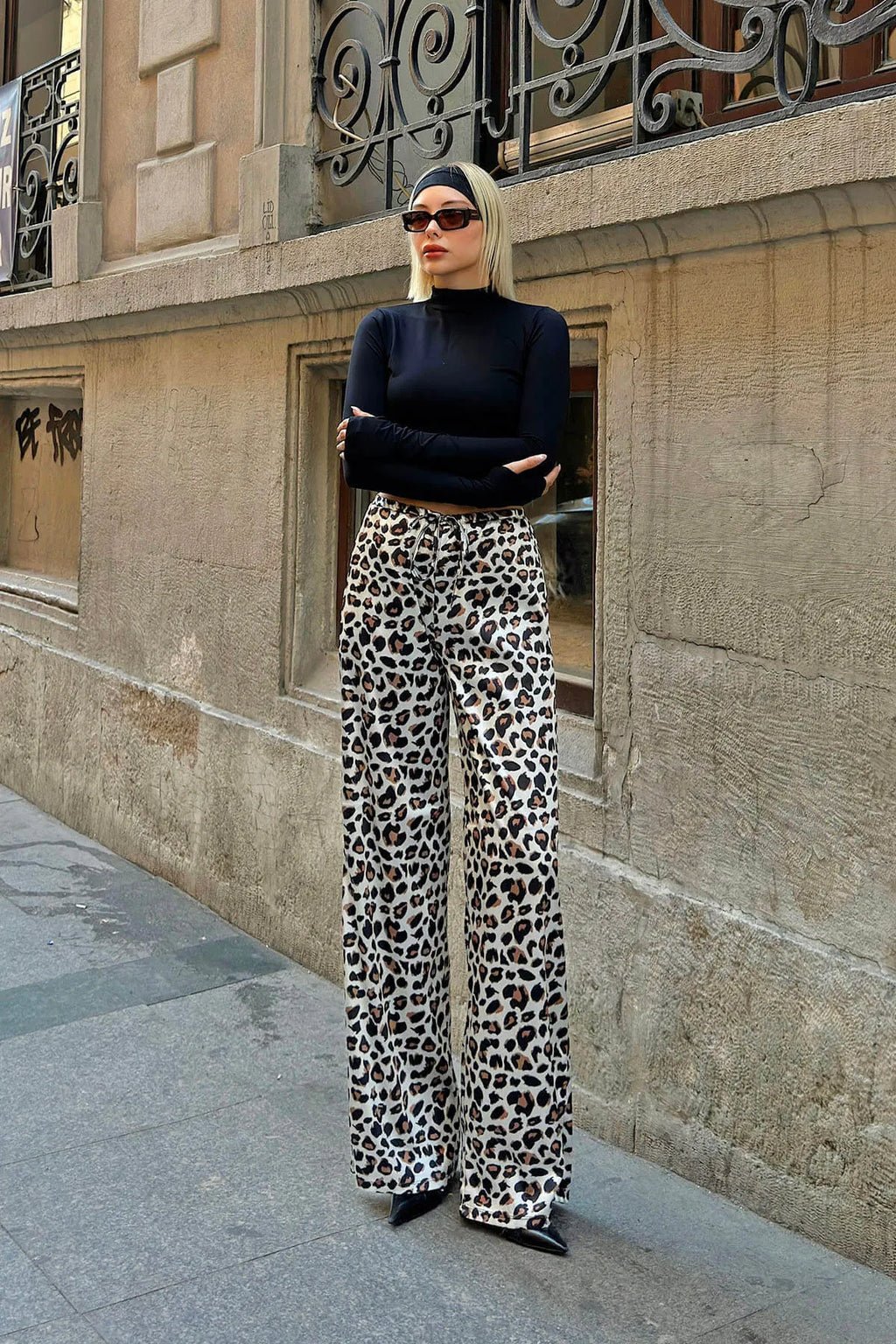 Bej Beli İpli Leopar Desen Yüksek Bel Kadın Saten Pantolon