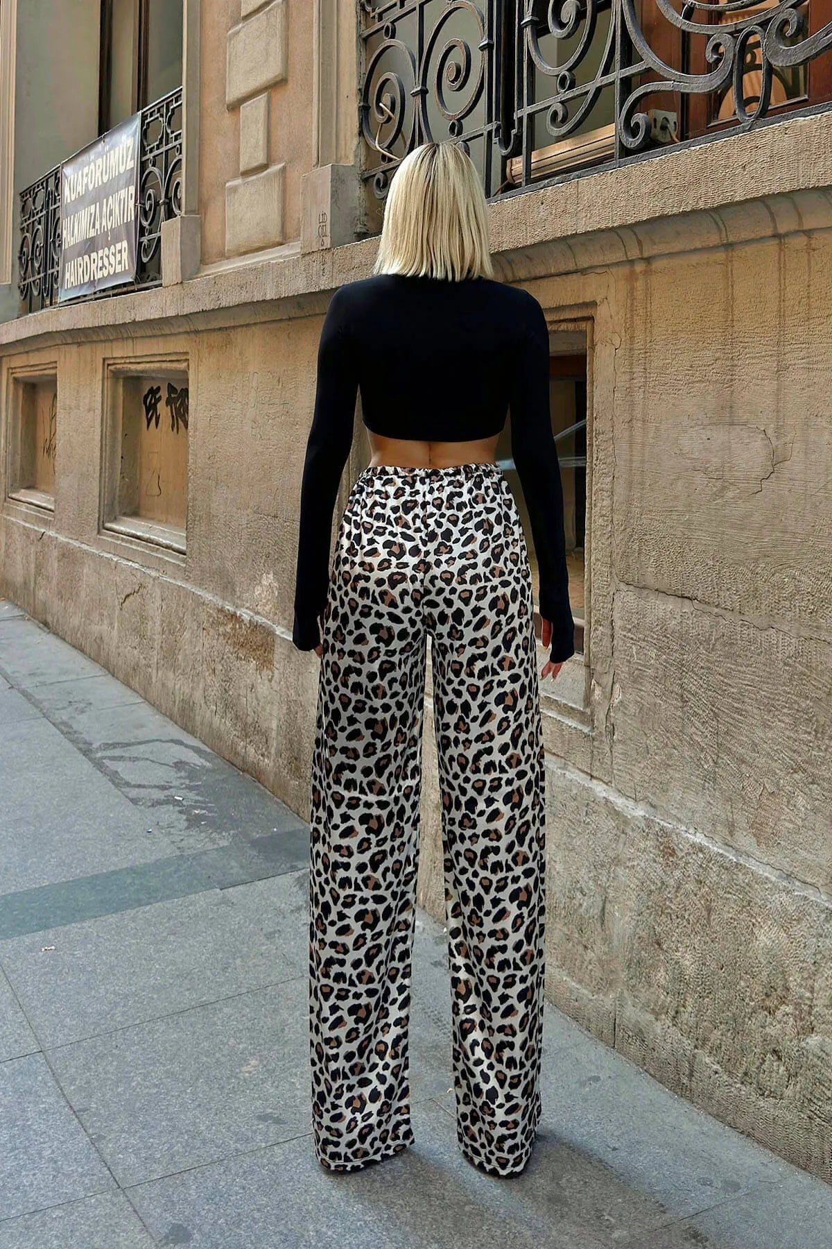 Bej Beli İpli Leopar Desen Yüksek Bel Kadın Saten Pantolon