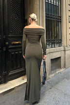Haki Buf Madonna Uzun Kol Kadın Sandy Midi Elbise