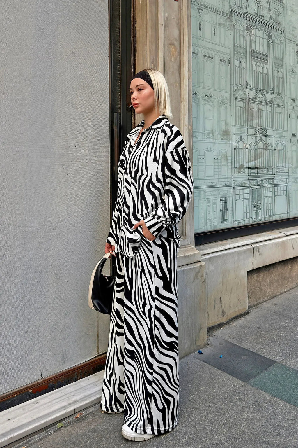 Siyah Burgu Zebra Desenli Gömlek-Pantolon Kadın Alt-Üst Takım