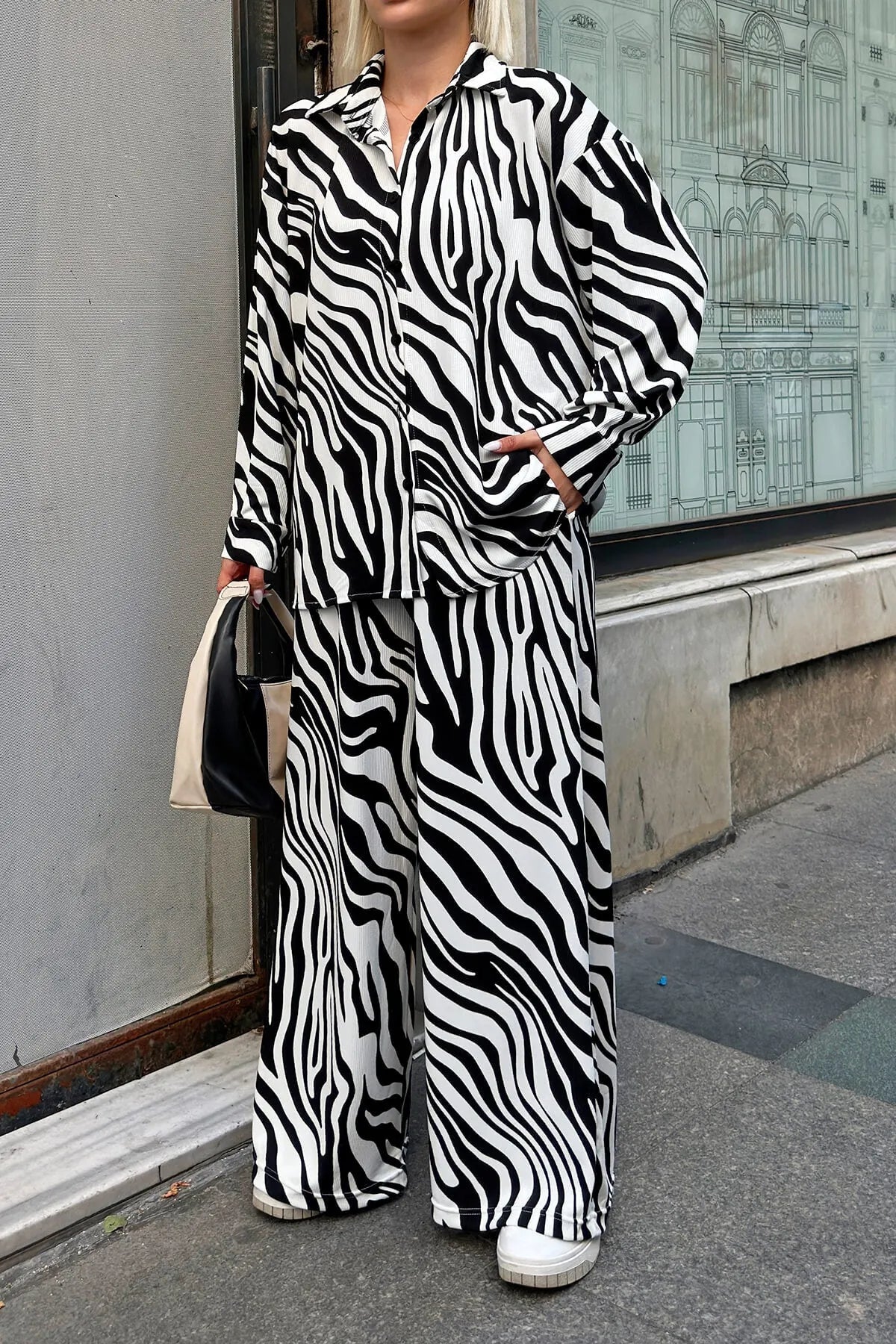 Siyah Burgu Zebra Desenli Gömlek-Pantolon Kadın Alt-Üst Takım